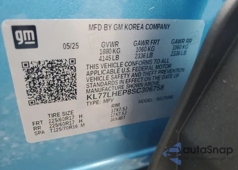 2025 Chevrolet Trax 1Lt z USA, uszkodzony, nr VIN KL77LHEP8SC306758